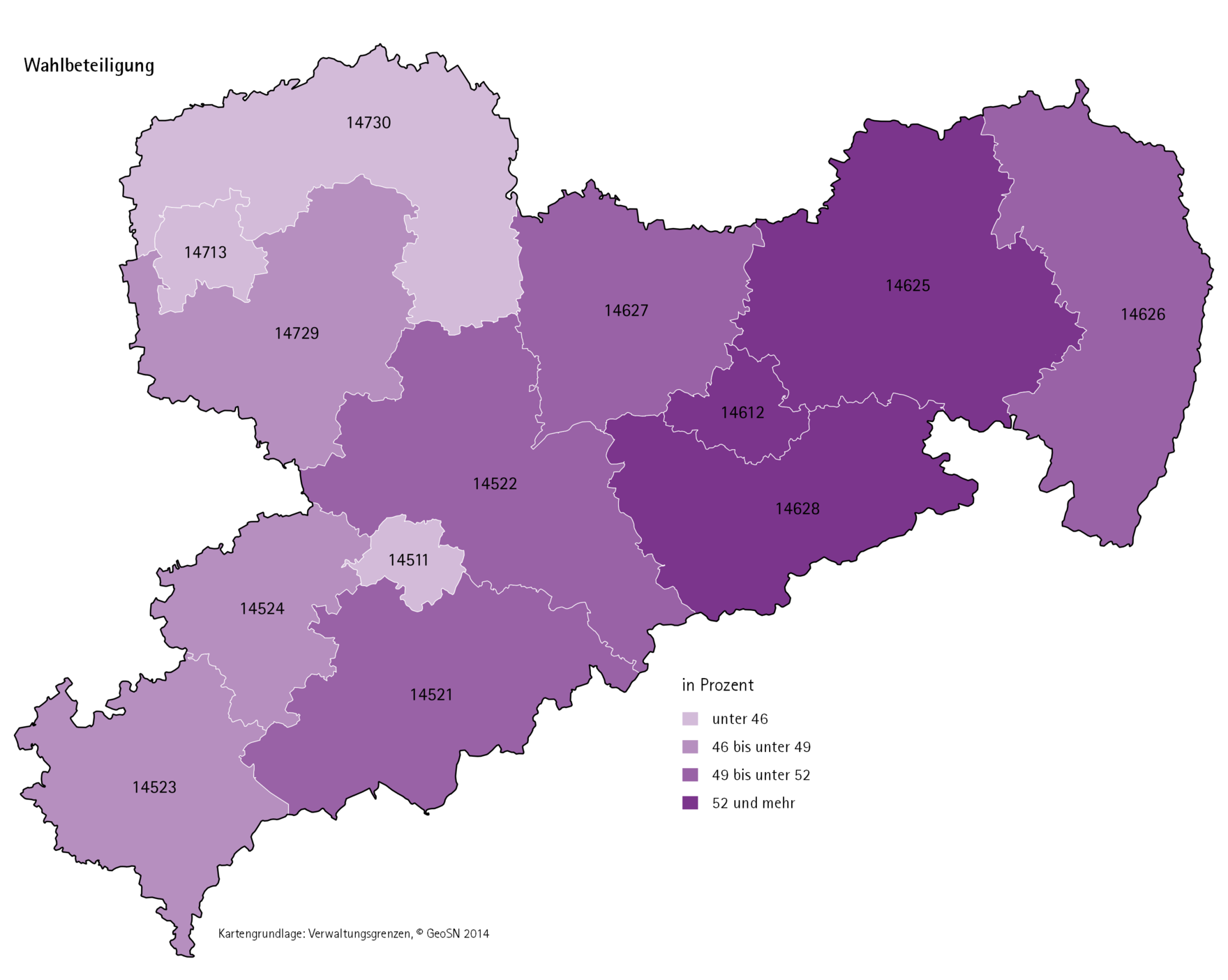 Karthografische Darstellung der Wahlbeteiligung zur Europawahl 2014 nach Landkreisen.